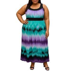 Susan Lawrence Size XL Dress Maxi Sleeveless Tie-Dye Print Black Waistband